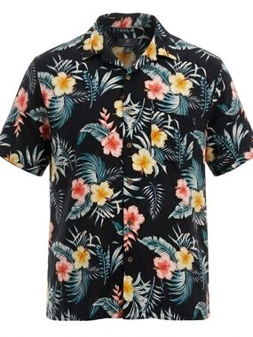 George Men's Large Black Floral Hawaiian Camp Shirt Short Sleeve Tropical Button
